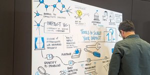 Man with his back to the camera designing a graphic showing different tools to scale impact