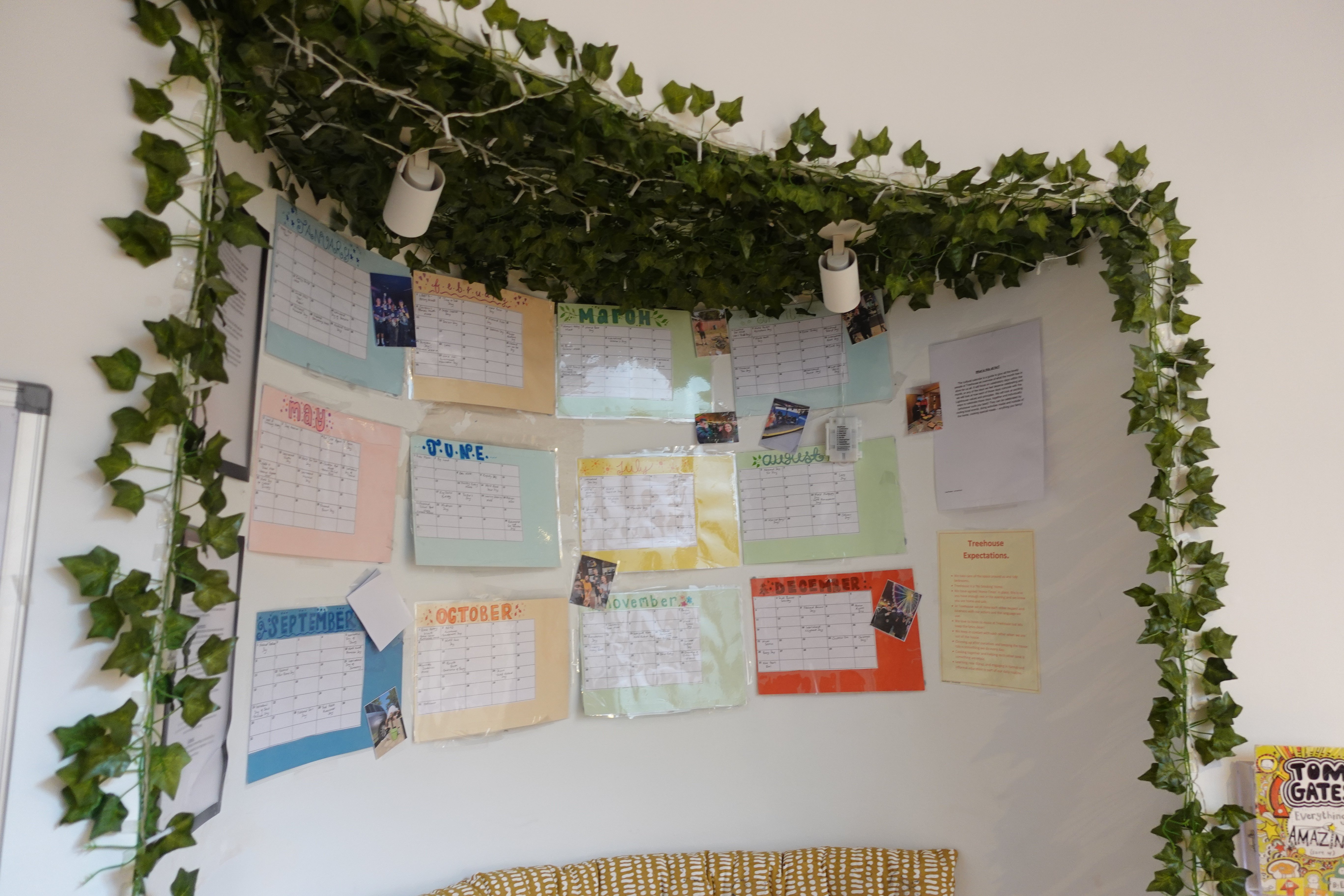 Alcove in a children's home with a calendar made by resident children