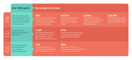 Table of impact venture goals and progress