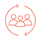 Light red icon showing thre outlines of three people with a rotating circle around them