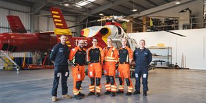 Six members of an air ambulance crew standing in front of a helicopter in overalls