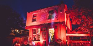 Outside of a pub with lights