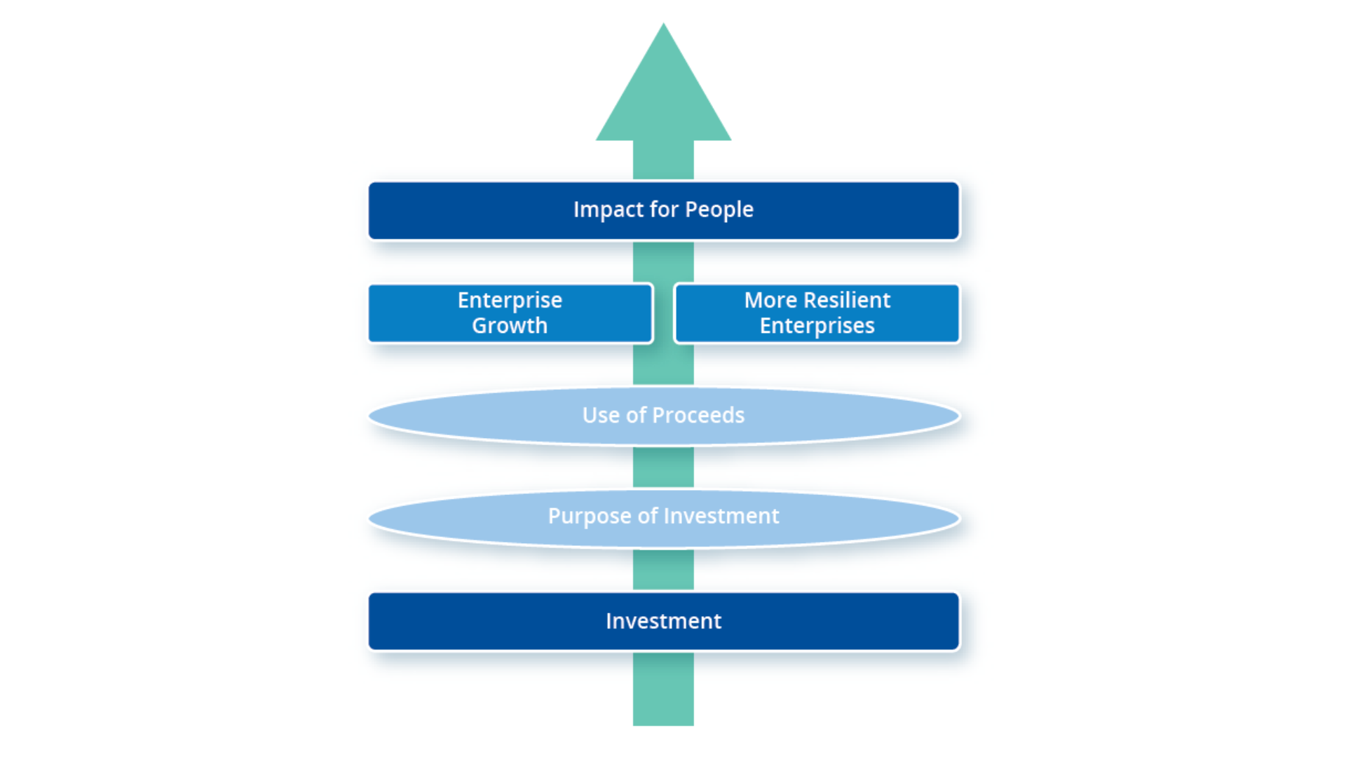 Arrow diagram showing how investment leads to purposeful use, enterprise growth and resilience, ending in impact for people.