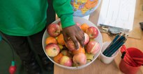Child's hand reaching into a bowl of apples